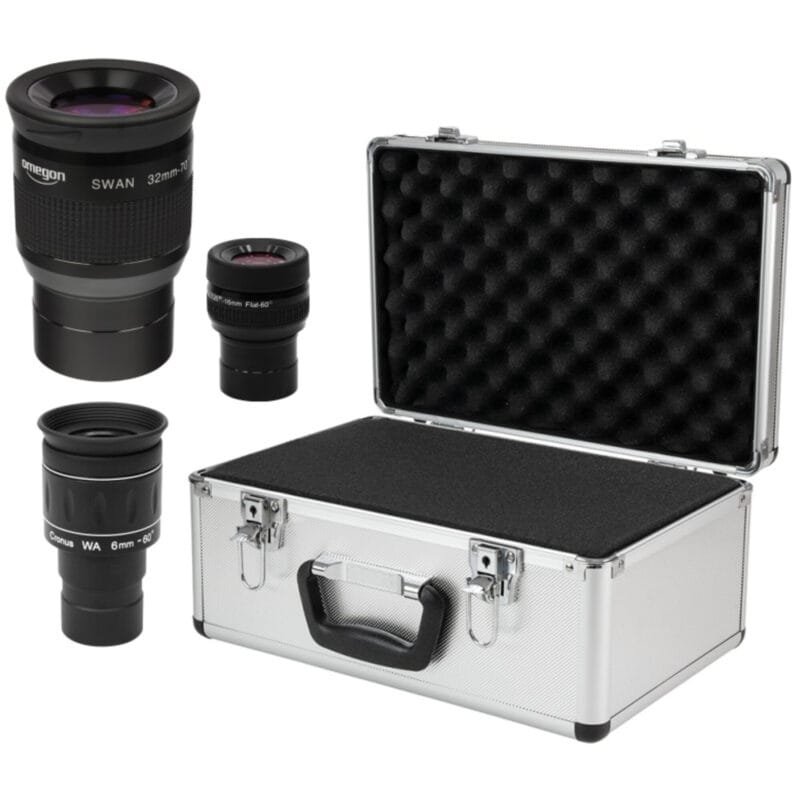 Omegon Oculairset in aluminium koffer – 32 mm SWA, 16 mm Flatfield en 6 mm Cronus