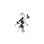 Bresser MC 90 1250 Telescoop Maksutov Messier EQ3 (1) Bresser MC 90/1250 met EQ-3 montering, red dot-zoeker, tegenwicht en 90° zenitprisma gemonteerd op aluminium statief.