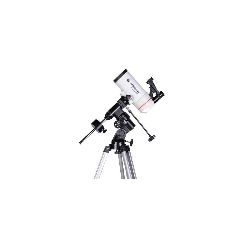 Bresser MC 90/1250 Telescoop Maksutov Messier EQ3 1 Bresser MC 90 1250 Telescoop Maksutov Messier EQ3 1 Bresser MC 90/1250 met EQ-3 montering, red dot-zoeker, tegenwicht en 90° zenitprisma gemonteerd op aluminium statief.