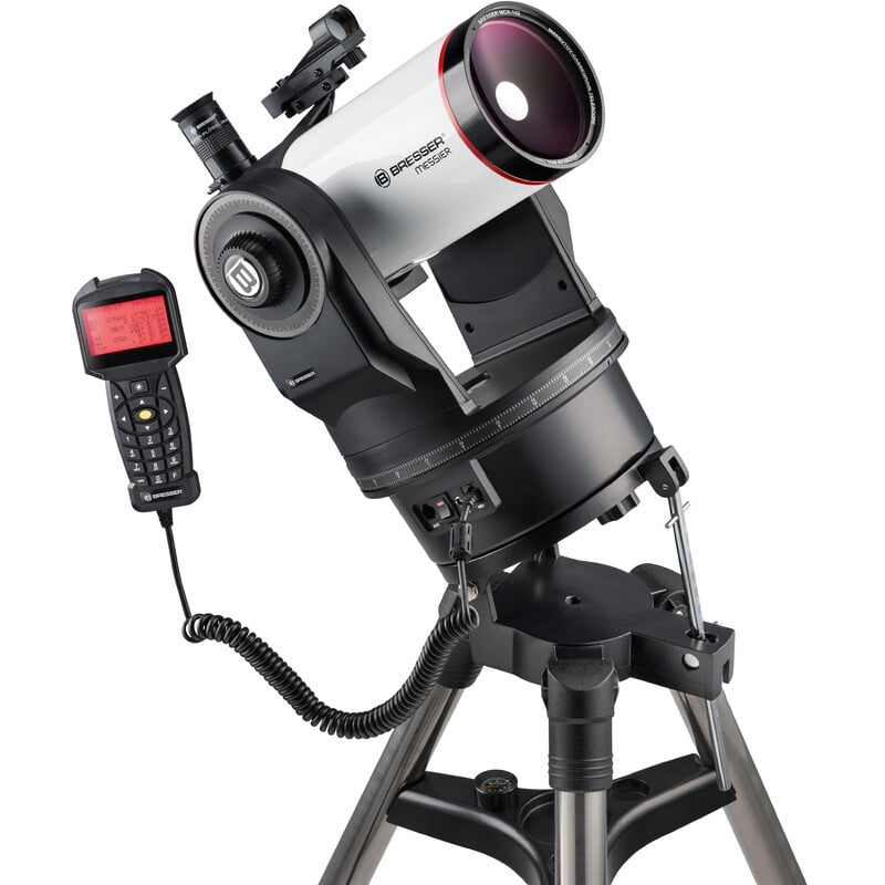 Bresser Maksutov telescoop MC 127/1900 MCX Messier EQ/AZ GoTo zijaanzicht met gemonteerde GoTo-handcontroller en stabiele vorkmontering