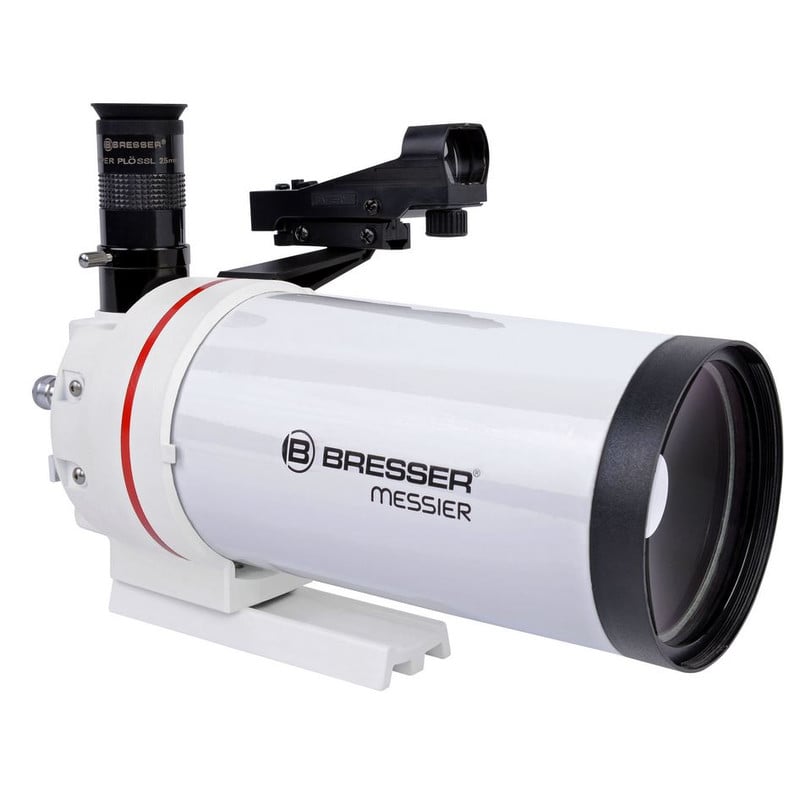 Bresser MC 90/1250 Telescoop Maksutov Messier OTA 2 Bresser MC 90 1250 Telescoop Maksutov Messier OTA 3 Bresser MC 90/1250 met 90° vouwspiegel en SP 26 mm oculair gemonteerd