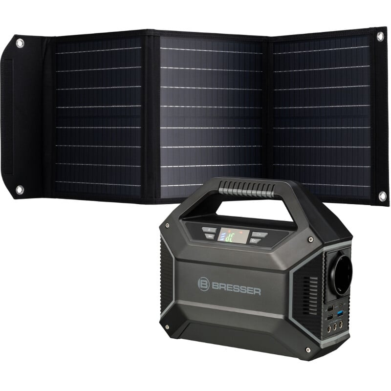 Bresser Mobile Power Station 100 Watt + Zonnelader 40 Watt 1 Bresser Mobile Power Station 100 Watt Zonnelader 40 Watt 1 Bresser Mobile Power Station met opgevouwen 40W zonnelader en draagbare batterij