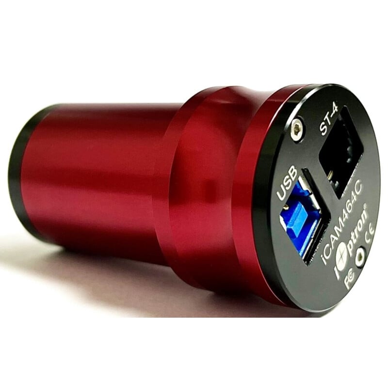 iOptron 464C Camera iCam 1 iOptron 464C Camera iCam iOptron 464C iCam-camera zijaanzicht met USB 3.0 en ST-4 poort in stevige rode metalen camerabehuizing