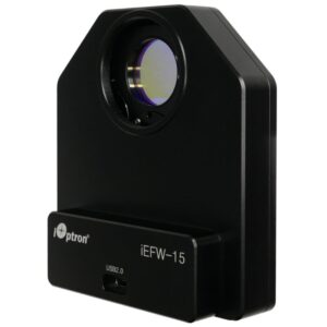 iOptron iEFW gemotoriseerd filterwiel in zijaanzicht met zichtbaar openingsvenster