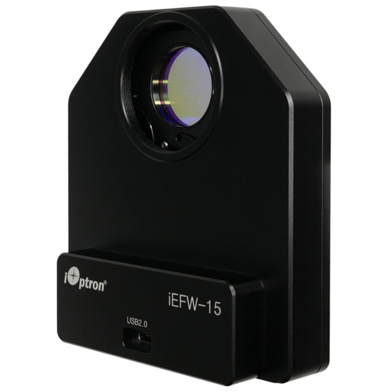 iOptron iEFW gemotoriseerd filterwiel in zijaanzicht met zichtbaar openingsvenster